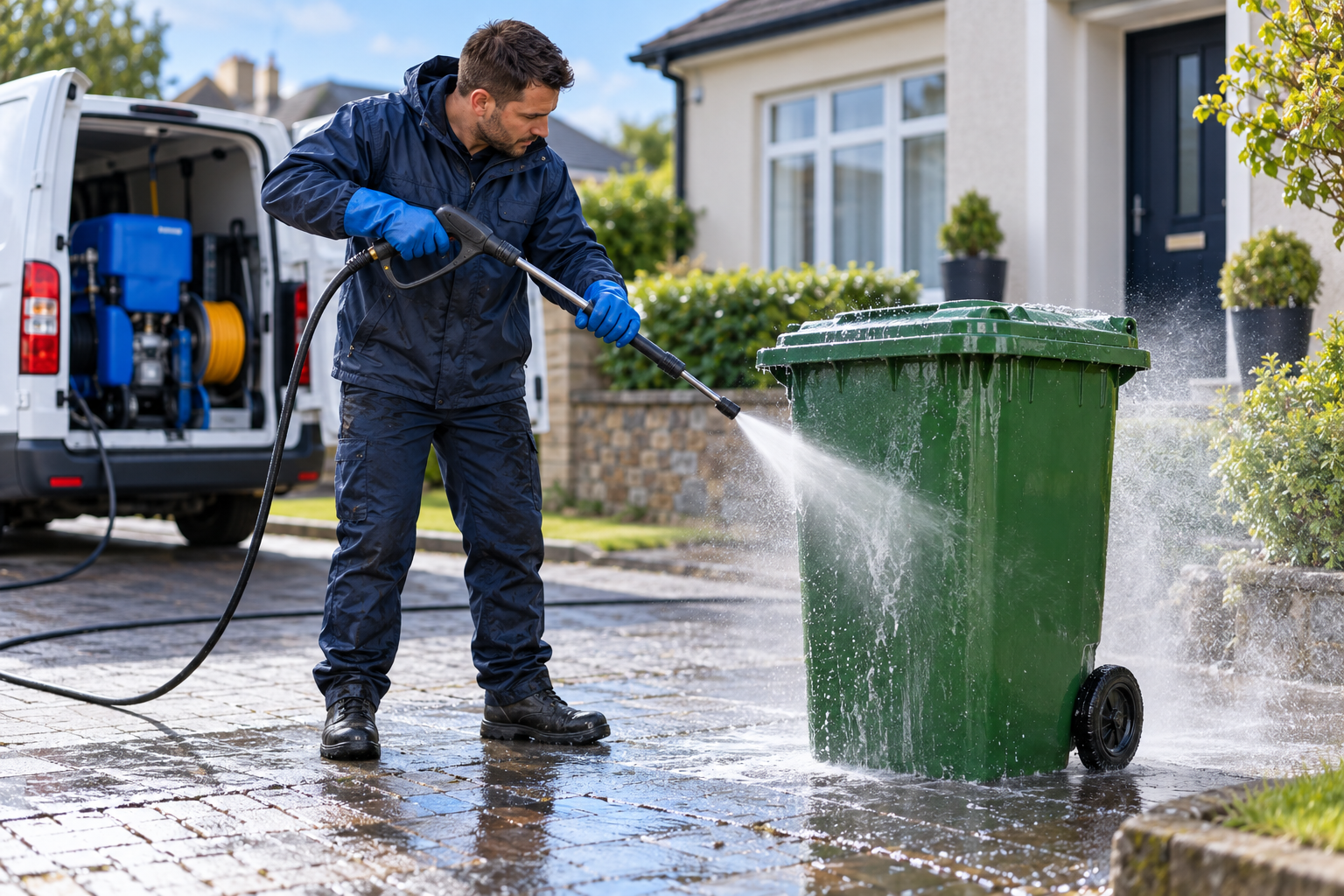A wheelie bin being professionally cleaned at a home