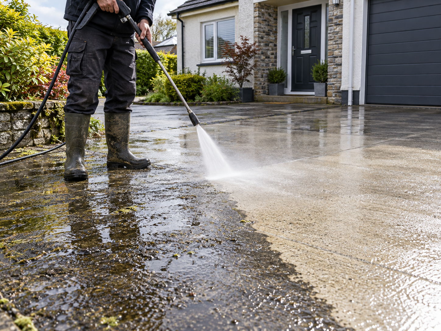 Pressure washing a residential driveway