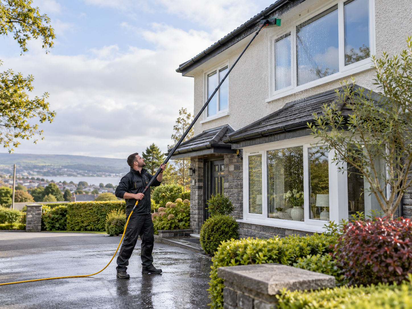 A professional cleaning the gutters of a home